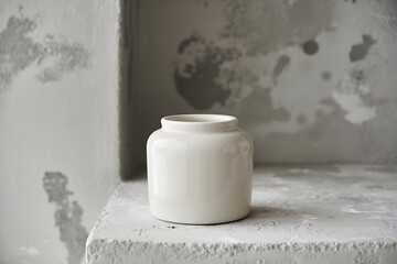 a white vase sitting on a concrete shelf in front of a gray wall