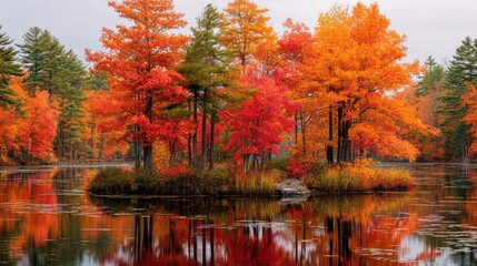 Autumnal Forest Reflection in Calm Lake Water With Orange Red and Green Trees Under Cloudy Sky Serene Woodland Landscape Scene Colorful Foliage