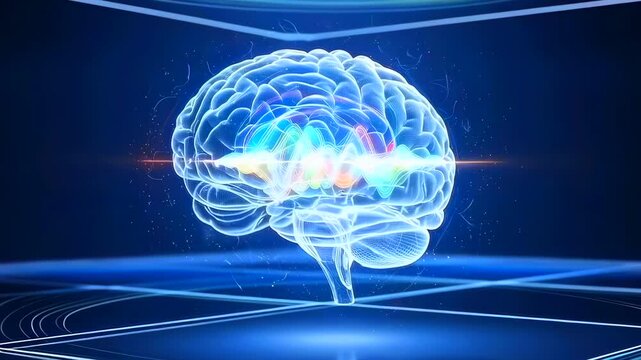 Floating brain with colorful brainwave visualization on dark stage, neuroscientist analyzes EEG patterns for cognition research luminous oscillations, dynamic frequency peaks, studio