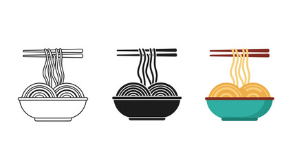 Ramen noodle bowls with chopsticks and noodles in different colors and styles