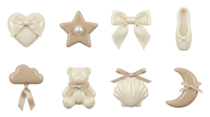Coquette Aesthetic Set Featuring Creamy Heart Star Ballet Slipper Bear and Seashell with Satin Bows