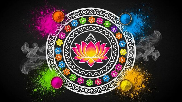A vibrant illustration of a lotus flower surrounded by colorful powder and intricate designs