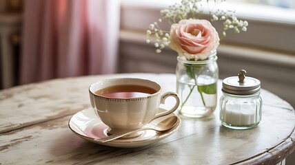 a cup of tea and a vase with a pink rose on a small table
