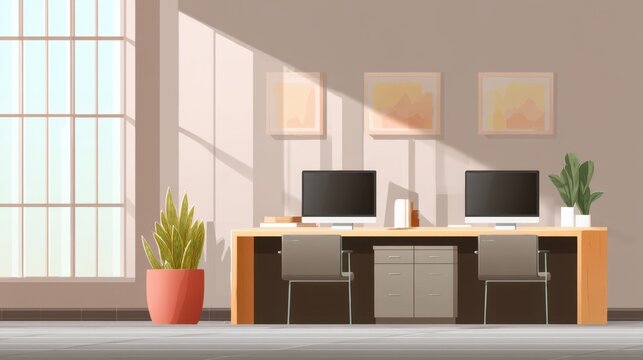 Modern office workspace featuring wooden desk with computers, natural light, potted plant, and minimalist decor in a serene environment - Powered by Adobe