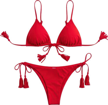 Red bikini with tassels on white background with glitch effect