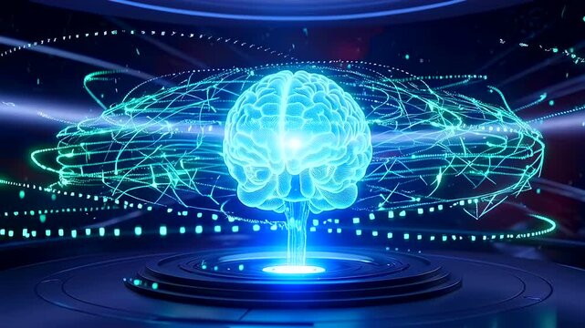 ai brain hologram surrounded by orbiting data rings and flowing node lines, levitating neural sphere emits light from core, futuristic control platform with circular pedestal and HUD