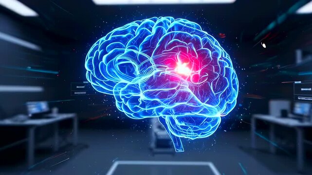 Interactive brain hologram showing acute lesion hotspot in clinical lab, emergency neurologist monitors realtime status for stroke detection and intervention pulsating red core, responsive