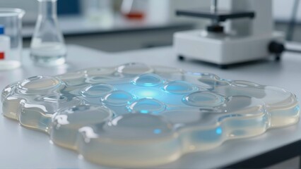 Close up view of translucent gel with bubbles under blue light on a laboratory bench
