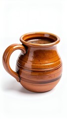 Rustic Brown Clay Mug with Handle on White Background.