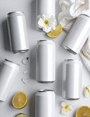 Refreshing White Cans with Citrus and Floral Accents.