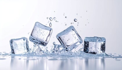 Refreshing Ice Cubes Splashing in Water on a White Background.