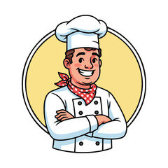 Naklejka premium Smiling chef in white uniform and hat with red bandana