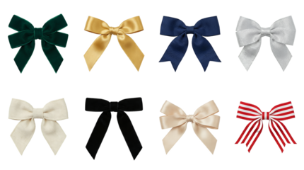 Holiday Decoration Ribbon Bow Collection with Velvet, Satin, Grosgrain, Glitter, and Striped Styles, Realistic Isolated