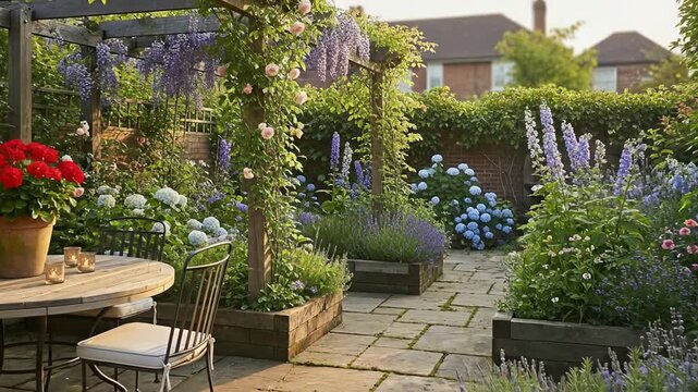 Cozy garden patio with potted flowers and stone tile pathway.