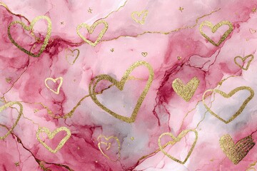 Elegant Valentine's Day Design Golden Hearts on Pink and White Marble Texture Background Romantic and Luxurious Backdrop for Celebrations