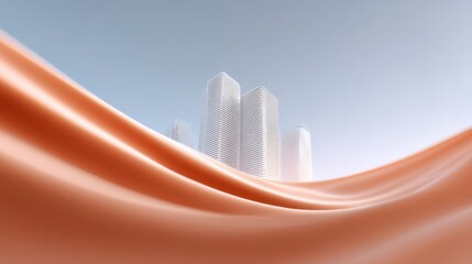 Abstract view of city skyline with orange fabric flowing in the foreground, highlighting modern architecture and soft textures in an urban setting.