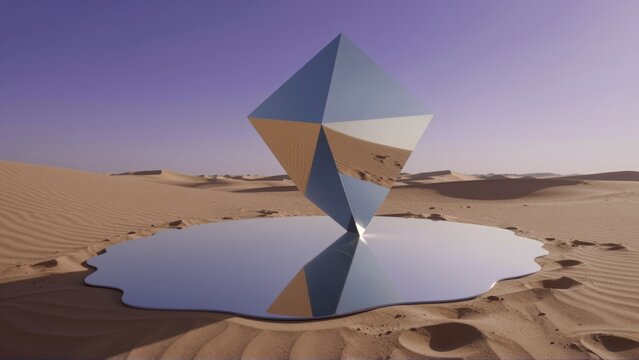 A reflective geometric sculpture stands in a desert landscape with rippling sand dunes