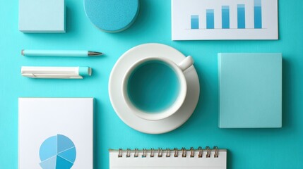 Aesthetic flat lay of office supplies with coffee cup and charts on teal background, showcasing productivity and creativity in workspace organization