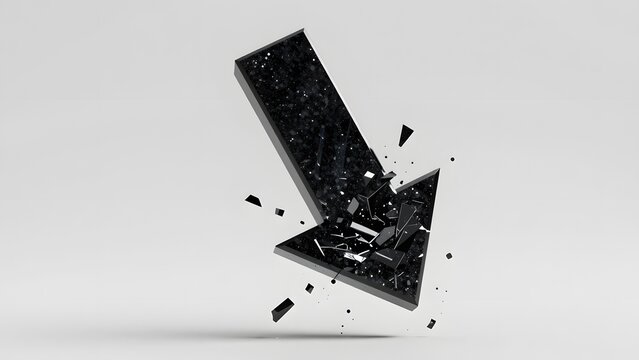 fleche noire sur fond gris. La fl&egrave;che va vers le bas, elle est entour&eacute;e d'une explosion de verre bris&eacute;. Symbolique d'un mouvement baissier, d'une situation dramatique (financiere)
