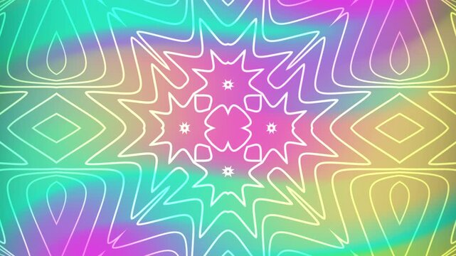 Animated abstract geometric kaleidoscope overlay design with white outline. Suitable for backgrounds, textiles, packaging, stationery, and web graphics projects.