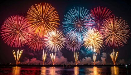 Spectacular Fireworks Display Over Water Reflecting Vibrant Colors.