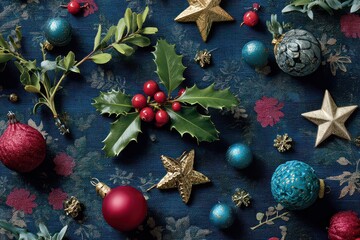 Festive Christmas Decoration Composition Featuring Green Holly with Red Berries Golden Stars and Teal Baubles on Blue Textured Background with Scattered Glitter