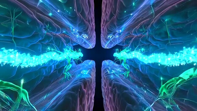Symmetrical neuron network with active synaptic bursts traveling across axons and dendrites, neuroscience engineer models signal propagation and plasticity vivid green and blue fibers,