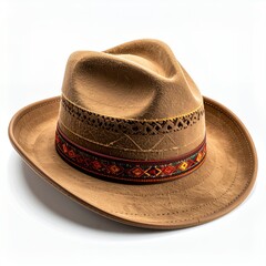 Stylish Brown Fedora Hat with Decorative Band on White Background.