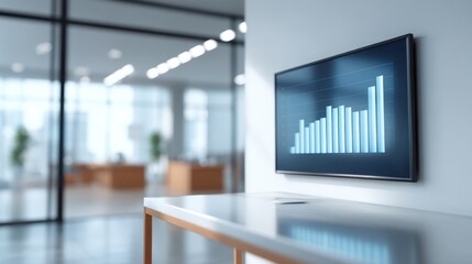 Modern Office Space with Graphical Display on Wall, Showcasing Data Analytics and Business Growth in Bright and Inviting Environment