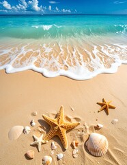 Starfish and Seashells on a Tropical Beach with Turquoise Water.