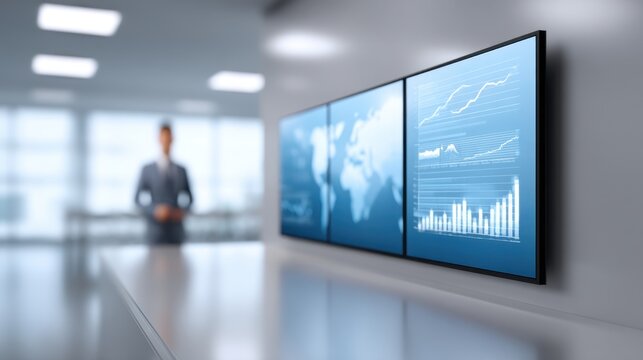 Modern Office Space with Digital Displays Showcasing Global Business Trends and Financial Data in a Professional Setting - Powered by Adobe