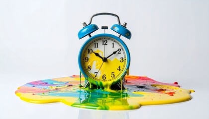 Surreal Time - Melting Clock in Vibrant Colors on White Background.