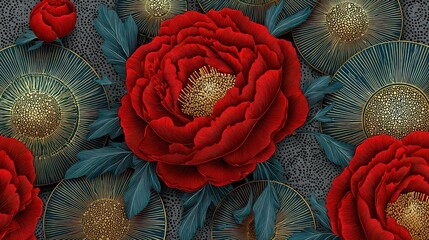 Floral Abstract Red Flowers with Golden Center and Green Leaf Accents on Dark Textured Background Detailed Generative Art