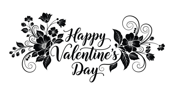 Elegant floral valentine s day design featuring swirling vines blossoms and calligraphy a beautiful silhouette