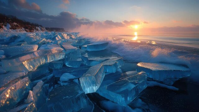 Sunset Reflections on Shattered Arctic Ice Along Frozen Shoreline