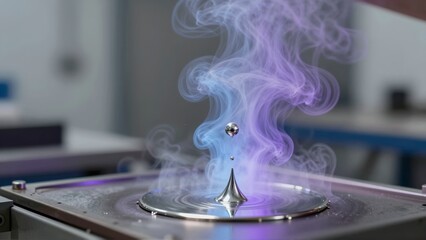 Obraz premium A silver sphere floats above a conical metal shape surrounded by swirling blue and purple smoke