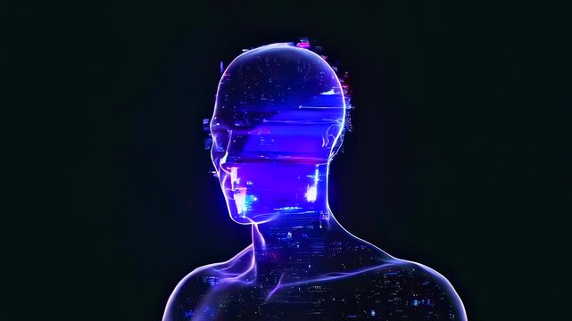 holographic human head glowing neon grids, transparent anatomy outline with shifting profile turns, pixel glitches and luminous pulses across skull, neural network visualization layered