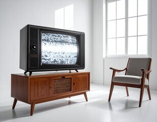 Vintage Television Set Displaying Static in a Minimalist Room.