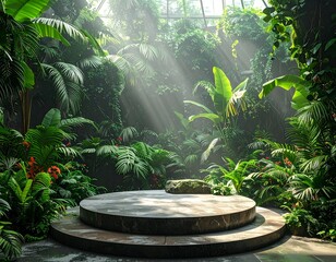 Lush tropical greenhouse interior with platform, sunlight streams