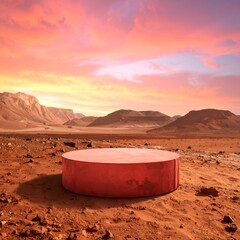 A red platform on a Martian landscape under a vibrant sunset