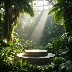 Lush indoor jungle with stage, sunlight streams, dense foliage, and palms