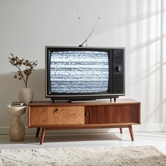 Vintage Television Set Displaying Static on a Wooden Stand.