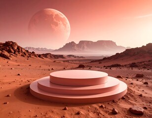 Desert landscape with a multi-tiered platform and a large moon