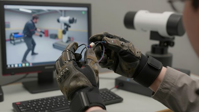 Person wearing VR gloves manipulates wires with a computer displaying a virtual environment