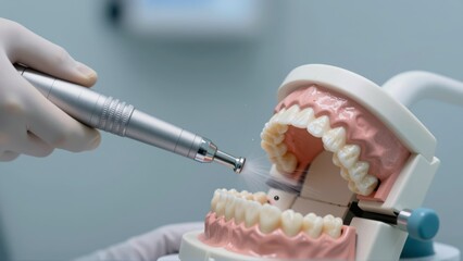 Dentist using a dental drill on a model jaw with visible teeth and gums