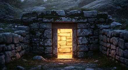 Ancient stone doorway illuminated from within revealing warm glowing light in a mysterious outdoor setting with rugged stone walls and natural landscape background