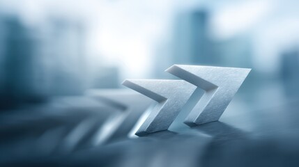 Abstract representation of growth and progress with three arrows pointing forward against a blurred city skyline background capturing innovative business concepts