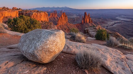 Granular Rock Formation Overlooking Canyon Landscape at Sunset in Utah with Warm Lighting Red Sandstone Cliffs and Distant Snow Capped Mountains in Background