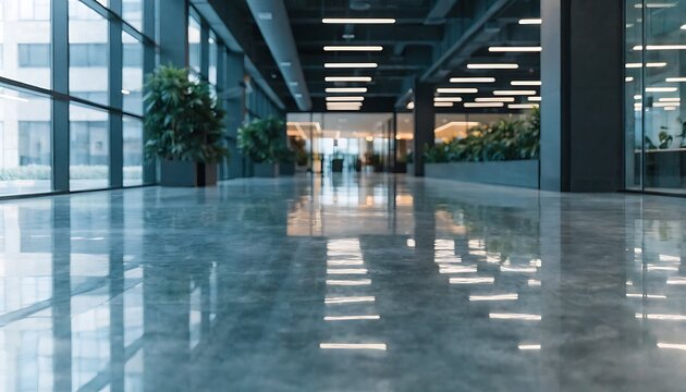Low Angle View of a Contemporary Corporate Office Hallway with Shiny Floors Indoor Plants and Geometric Ceiling Lights