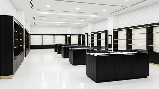 Modern retail store interior with black display cases and white walls.